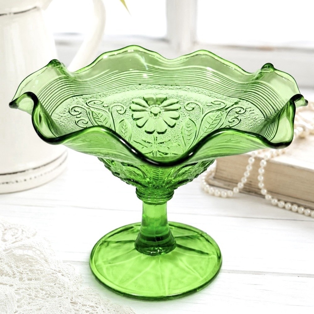 Antique Northwood Poppy Green Glass Footed Compote Ruffled Bowl Floral 1908 EAPG